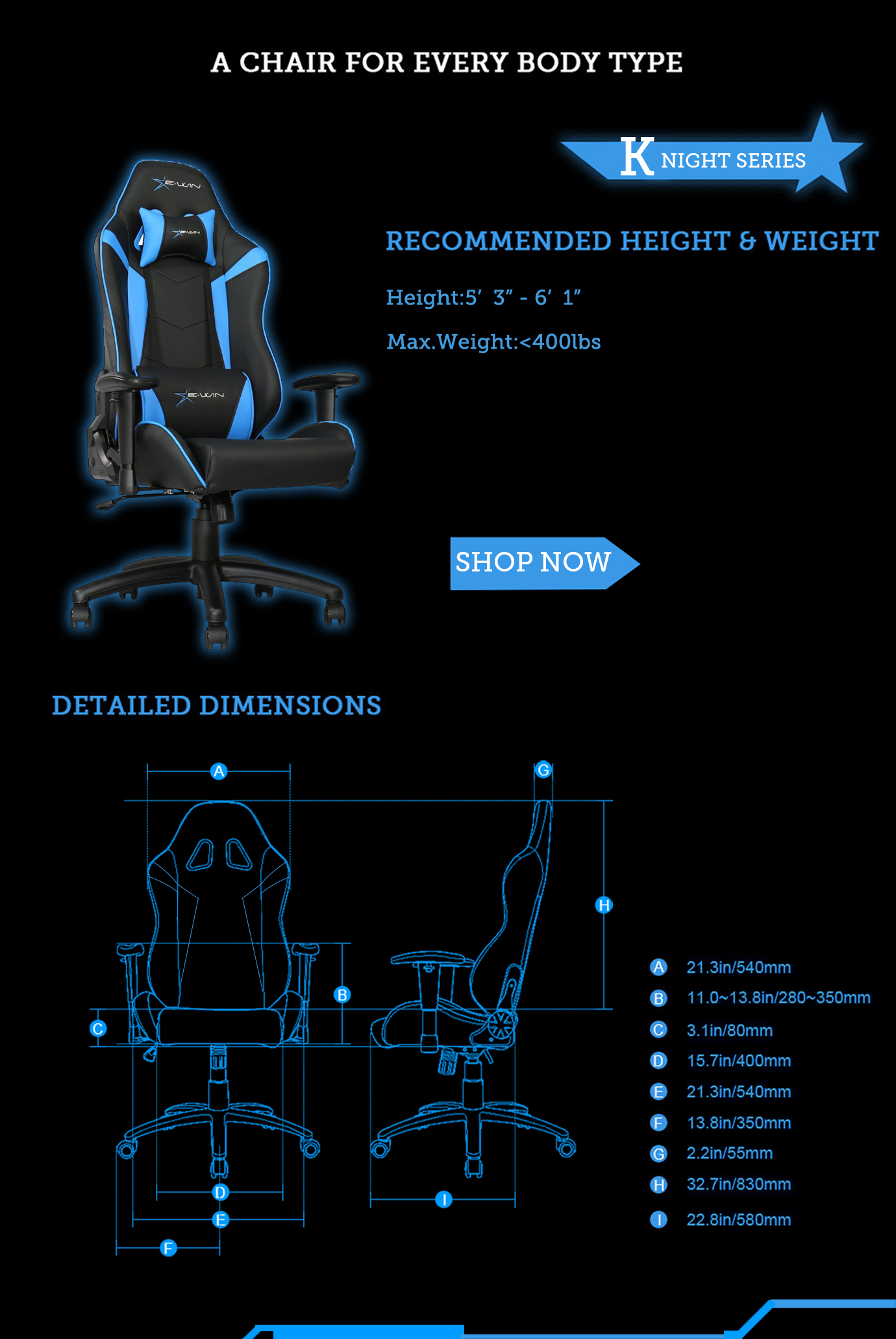 Dimensions of E-WIN Knight Series Gaming Chairs