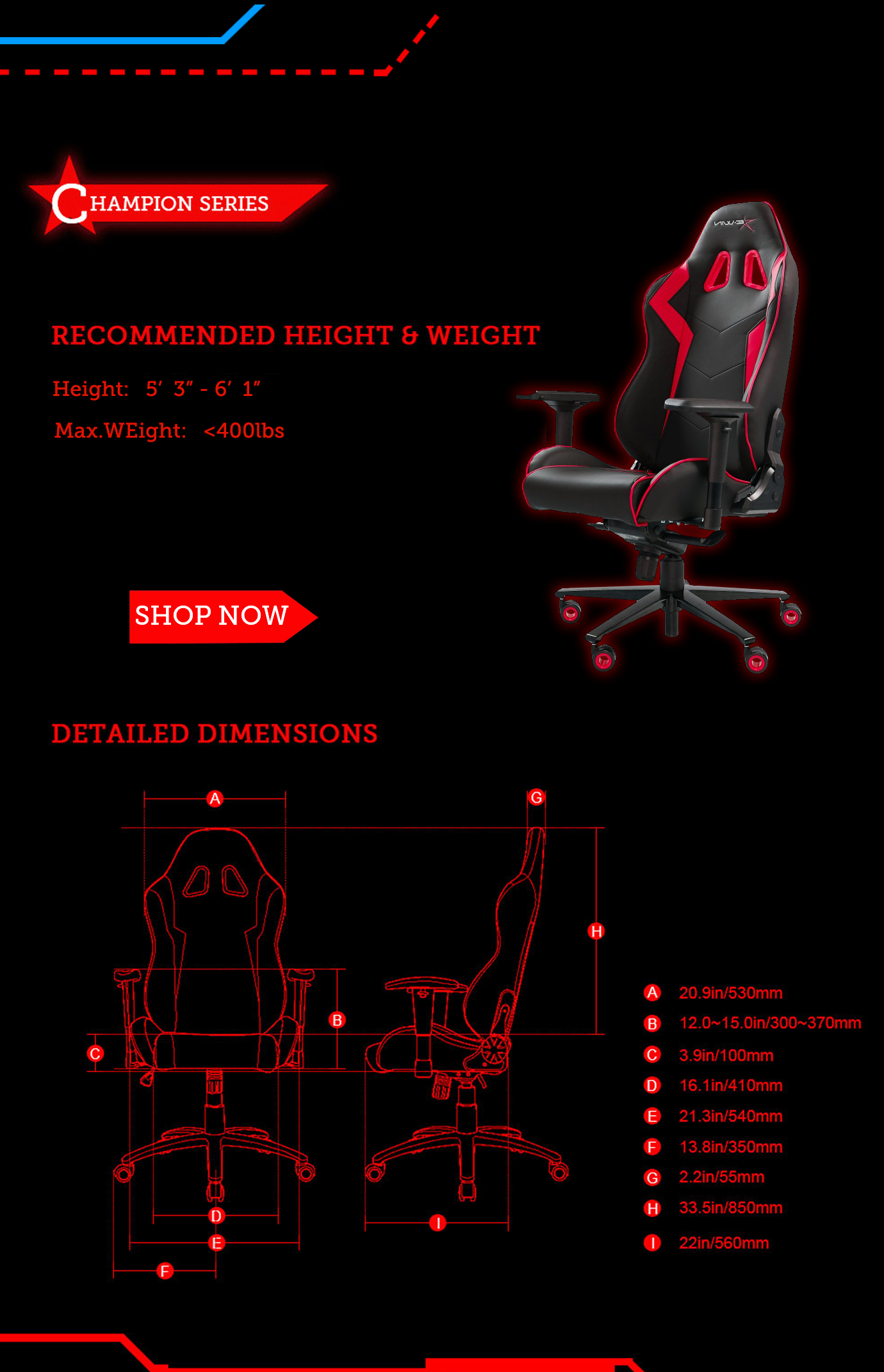 Dimensions of E-WIN Champion Series Gaming Chairs