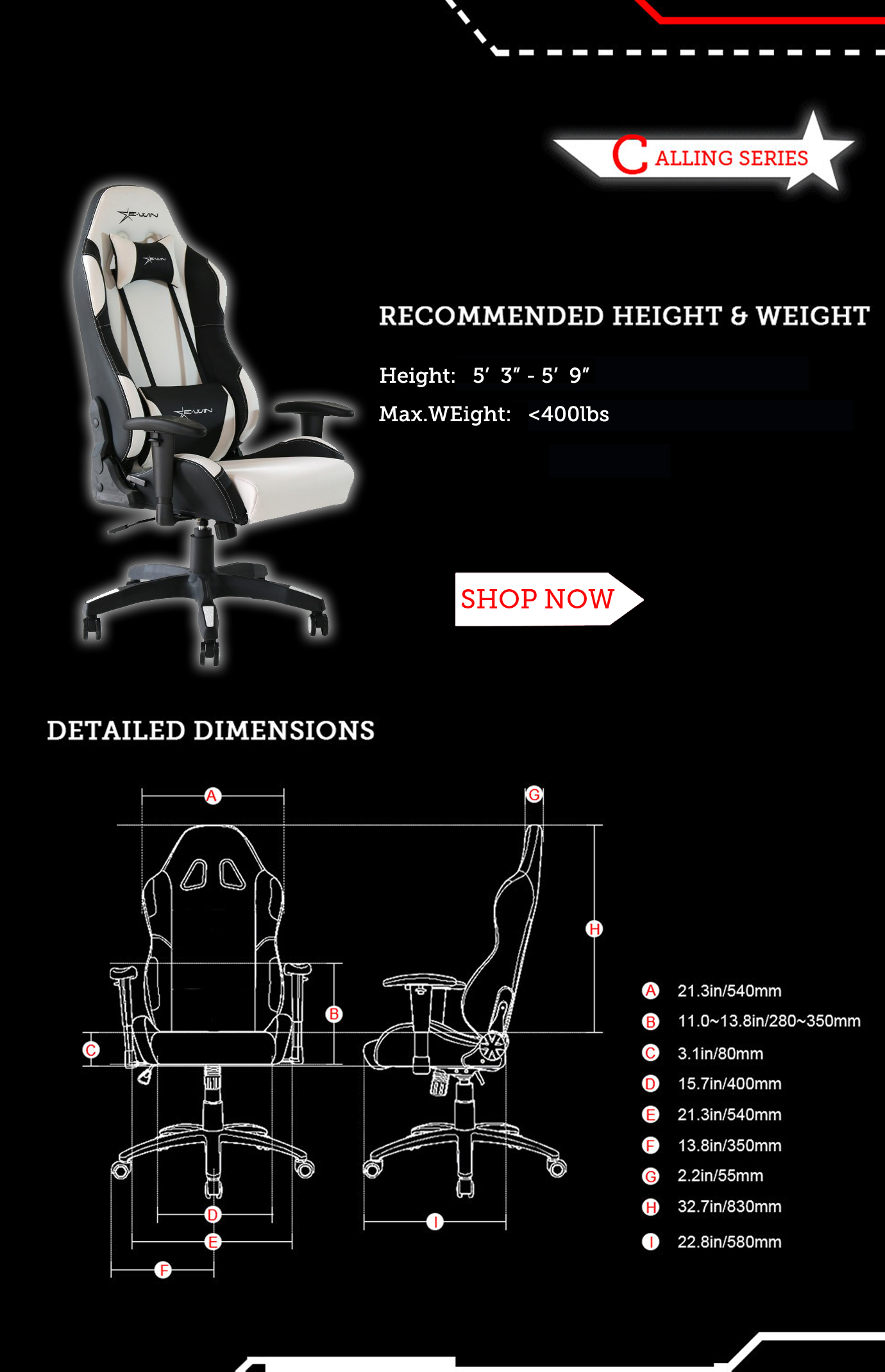 Dimensions of E-WIN Calling Series Gaming Chairs