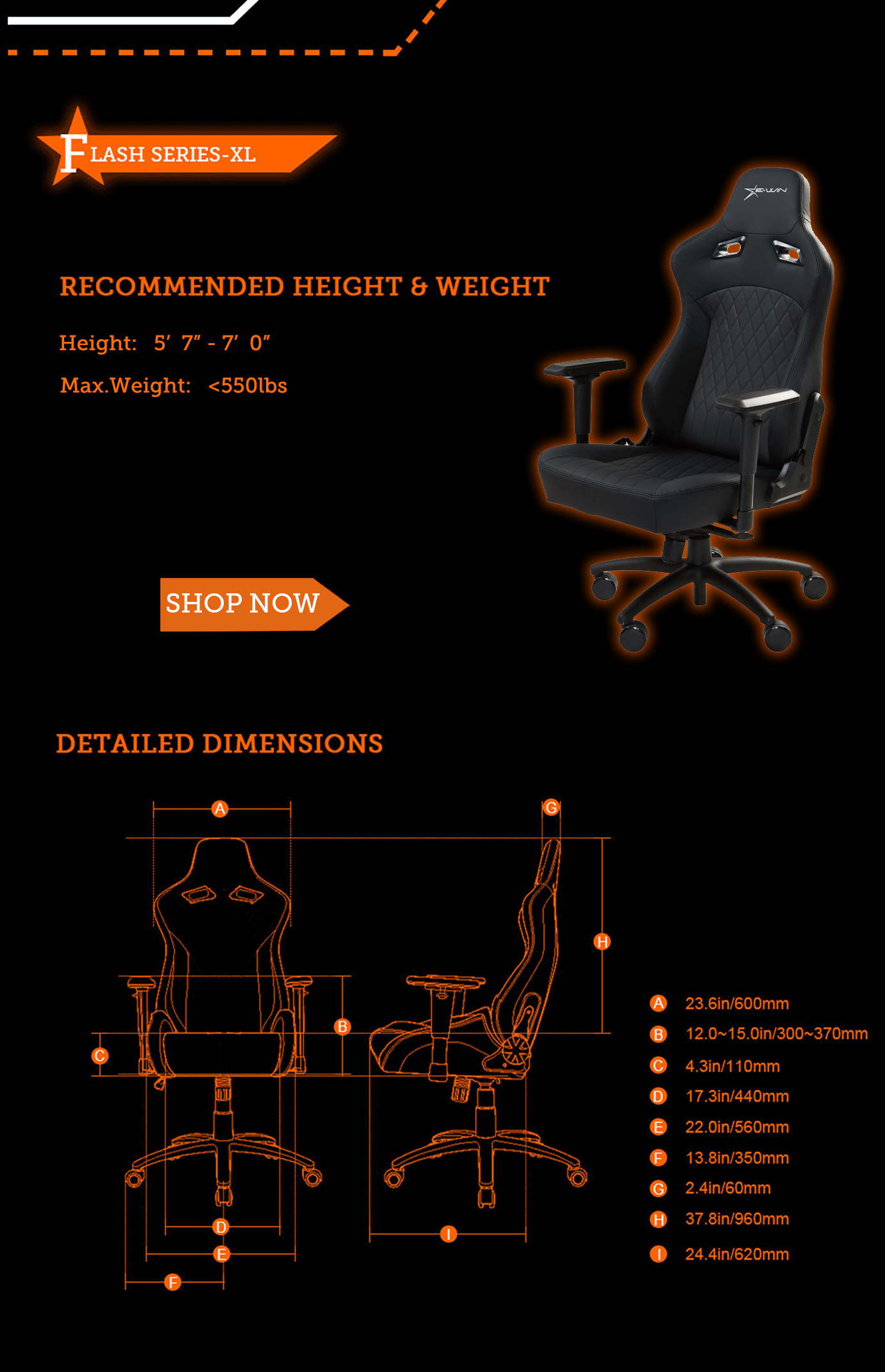 Dimensions of E-WIN Flash Xl Size Gaming Chairs