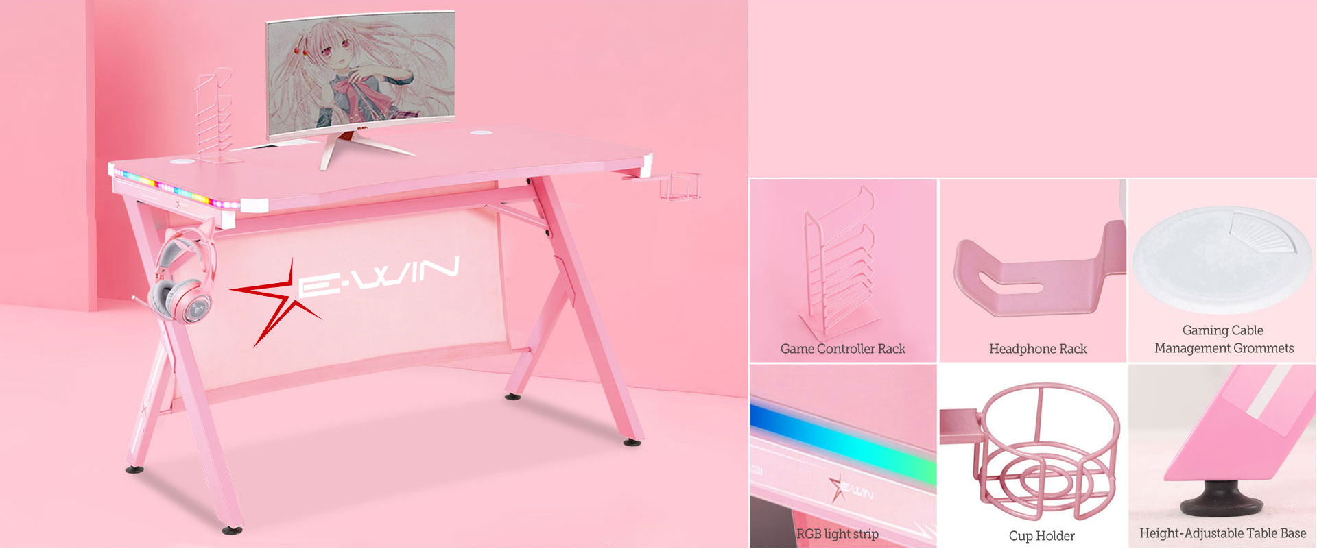 E-WIN Pink RGB Gaming Desk